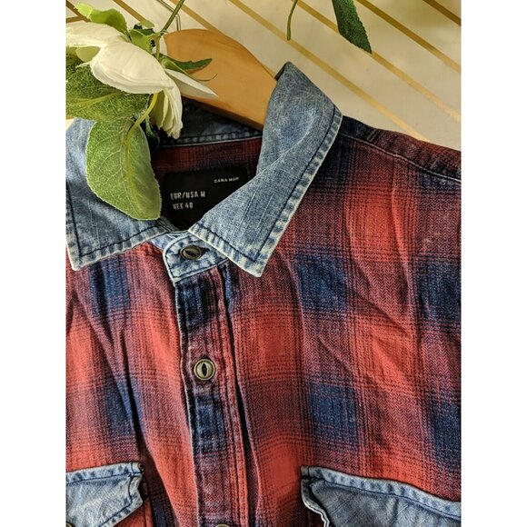 ZARA MAN Men's Plaid Red Blue Button Up Slim Fit Long Sleeve Collar Size Medium - Picture 5 of 7